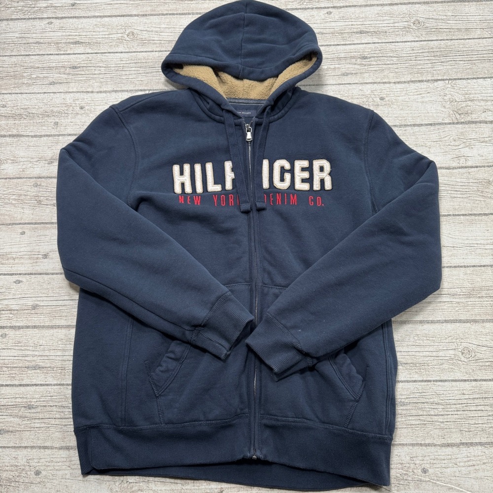 Tommy Hilfiger Hoodie Men's Large Navy Blue Sherpa Lined Zip Up Athletic Varsity